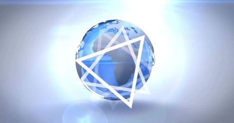 Floating blue globe showing africa with geometric triangle overlays and halo light