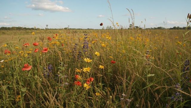 Sunlit wildflower meadow blooming with red poppies, yellow daisies and purple wild lupine