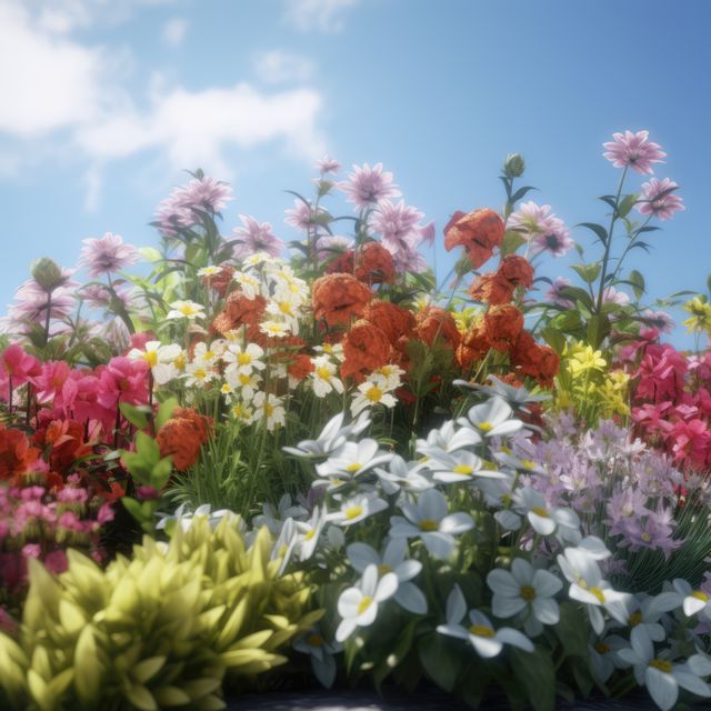Colourful spring flowers at field over blue sky and clouds, created using generative ai technology. Spring, nature, flowers, digitally generated image.