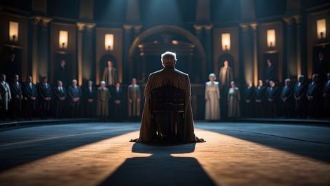 Elderly man sitting in council chamber facing advisors