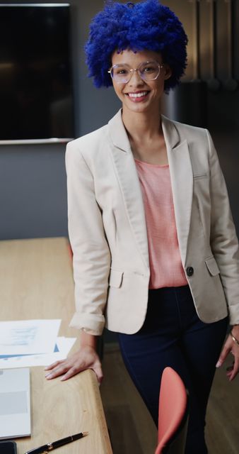 Confident Businesswoman with Blue Hair in Modern Office - Download Free Stock Images Pikwizard.com