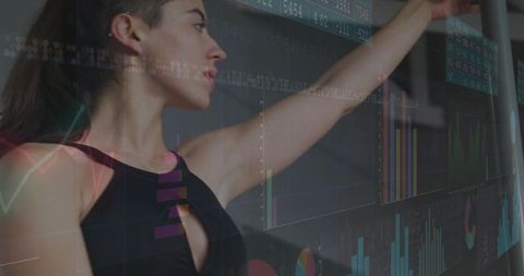 Woman holding pole with data dashboard overlay futuristic fitness visualization