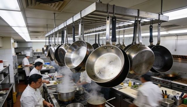 Professional kitchen rack displaying hanging stainless pans over busy restaurant chef line