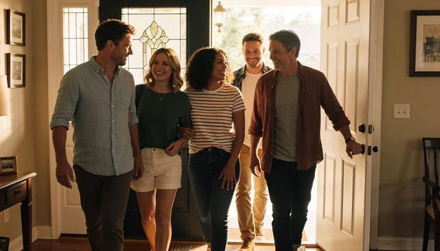 Five adults entering home smiling in sunlit foyer welcoming friends and family