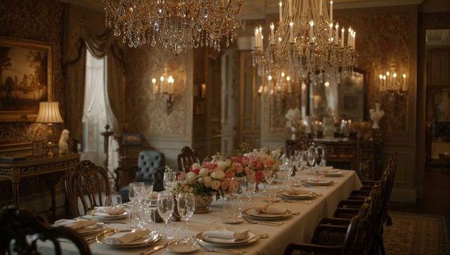 Opulent formal dining room with long table, crystal chandeliers and floral centerpieces