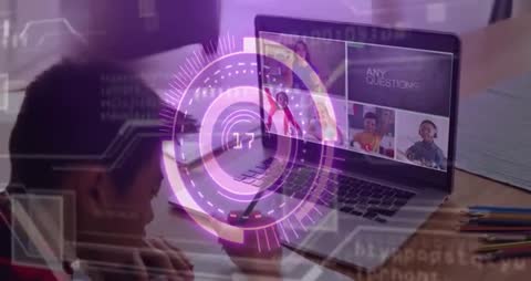 Child taking notes during online class with futuristic purple HUD overlay, remote learning video