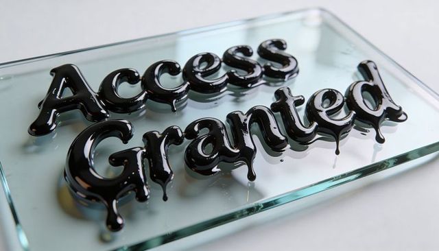 Glossy black access granted dripping 3d lettering on clear glass plate, reflective