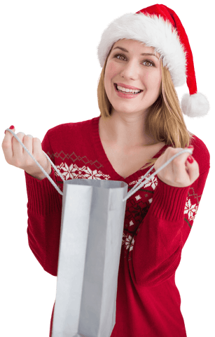 Smiling woman holding gift on transparent background