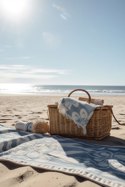 Picnic basket set on sandy beach with blanket and sunny ocean view. Ideal for representing vacations, summer outings, family activities, beach relaxation, and coastal leisure. Perfect for travel ads, vacation brochures, lifestyle blogs, and social media content about beachside activities.