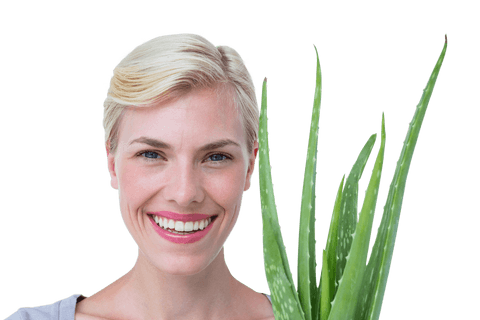 Smiling Woman Holding Aloe Vera with Transparent Background