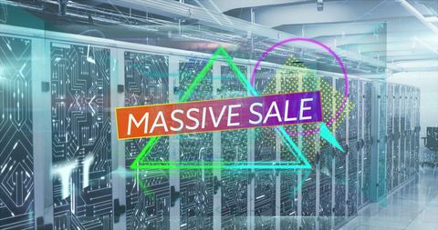 Massive sale neon text banner in computer server room