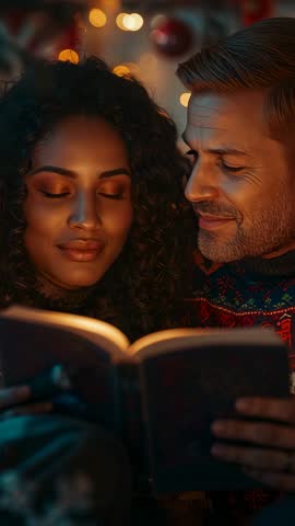 Romantic couple reading together on couch turning page sharing loving glance vertical video