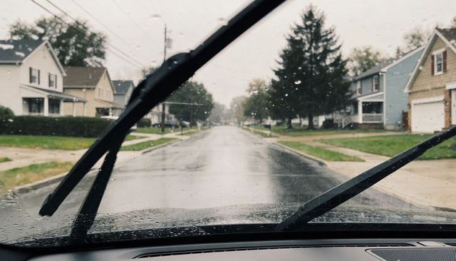 Windshield wipers sweeping raindrops on wet suburban street through car dashboard