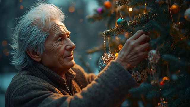 Elderly Man Admires Ornamented Christmas Tree Outdoors