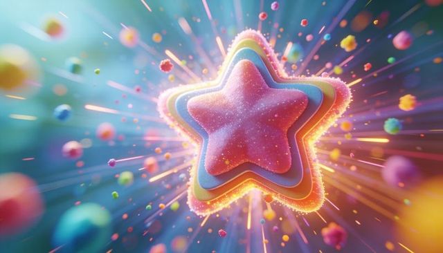 Glittering layered 3d star emitting colorful particles, confetti and radiant light burst