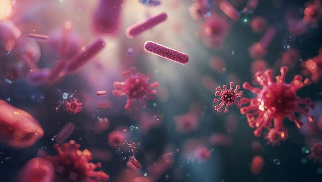 Viruses and bacteria floating in microscopic environment