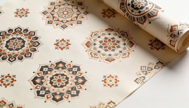 Luxurious geometric mandala wallpaper roll featuring metallic gold foil accents and navy