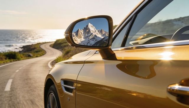 Gold luxury sedan reflecting snow-capped mountain in side mirror on winding coastal road