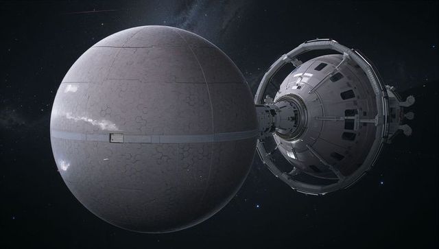 Orbital megastructure sphere orbiting deep space with equatorial hatch and docking module