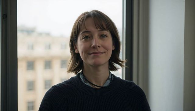 Confident woman posing by window wearing dark knit sweater and collared shirt headshot