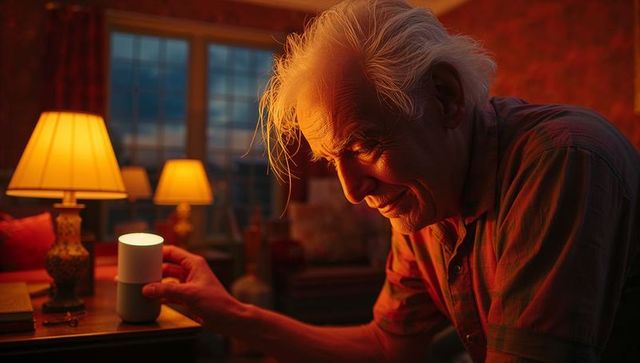 Elderly man using smart speaker in cozy living room