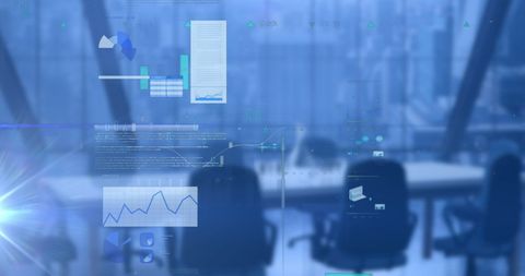Digital Data Flow and Statistics Overlaid on Modern Office - Download Free Stock Images Pikwizard.com
