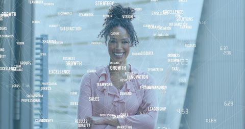 Smiling African American Businesswoman with Global Business Concepts