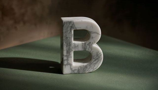 Marble Letter B Sculpture with Gray Veining on Green Surface