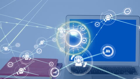 Digital Network Icons Overlaying Laptop Screen