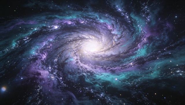 Swirling spiral galaxy with luminous core and teal nebula arms, cosmic space vortex