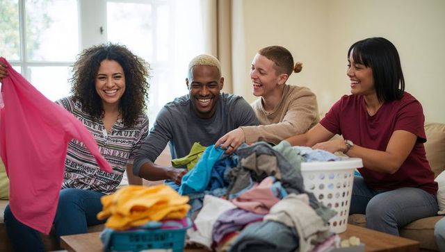 Friends laughing while sorting laundry on couch showing casual home chore togetherness