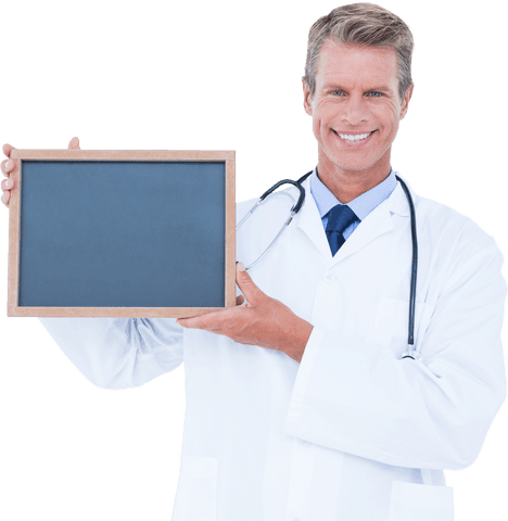 Smiling Male Doctor Holding Blank Transparent Slate