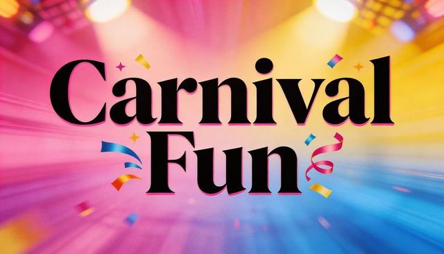Carnival fun bold serif lettering celebrating colorful confetti and motion blur lights