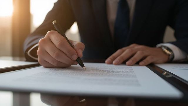 Executive signing contract at desk close-up hand holding pen backlit office scene