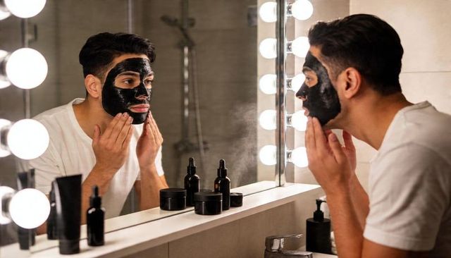 Man applying charcoal facial mask at lighted vanity mirror grooming self-care routine
