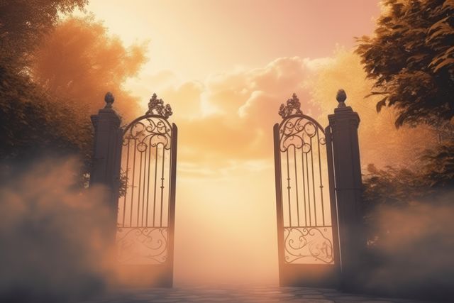 Ornate iron gates open to an ethereal scene with a mystical sunset and surrounding fog. Ideal for concepts of fantasy, magic, dreamscape, and otherworldly realms. Perfect for use in fantasy book covers, inspirational posters, and digital art projects focusing on gateways to mysterious worlds.