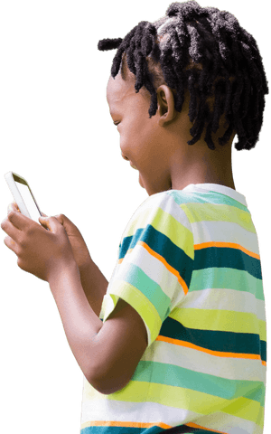 Transparent joyful boy using smartphone with curiosity