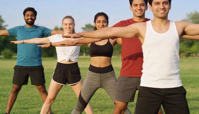 Group stretching workout outdoors showing diverse friends exercising with smartwatches