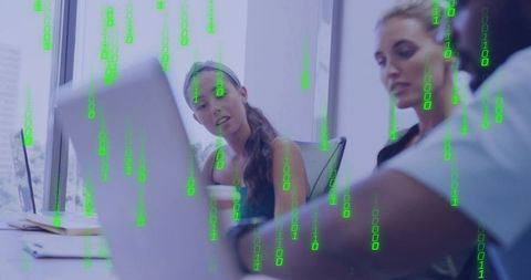 Team collaborating and reviewing data with green binary code overlay in modern office
