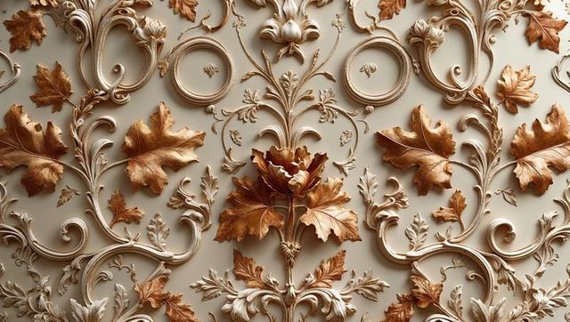 Intricate embossed wallpaper with vintage gold foliage patterns