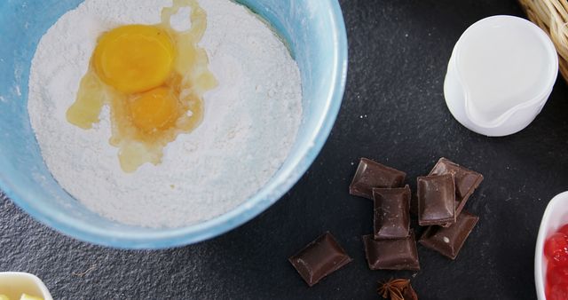 Eggs, flour, milk, and chocolate chunks for making a chocolate cake are arranged on a dark kitchen counter. Can be used for promoting baking recipes, culinary blogs, food preparation tutorials, or ingredient-based food advertisements.
