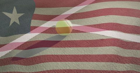 Tennis ball on court with patriotic flag overlay
