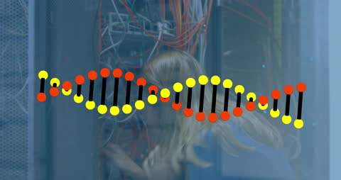 Animated DNA Strand Overlay on Server Room Inspection