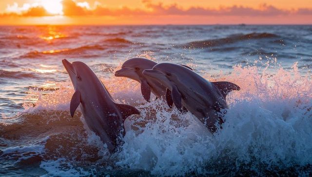 Sunset leaping bottlenose dolphins riding sunlit surf, splashing waves and horizon glow