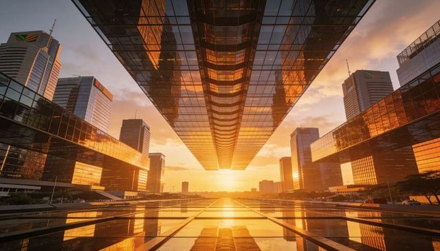 Sunlit symmetry guiding mirrored glass skybridge reflecting golden hour over urban plaza