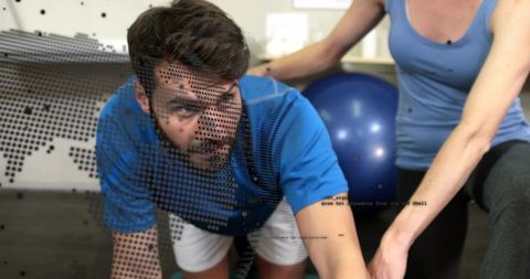 Man performing core stability exercise with trainer using stability ball and halftone overlay