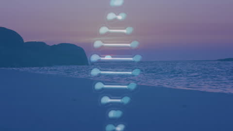 Rotating DNA Helix with Sunset Seascape Background