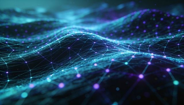 Neon data waves: undulating 3d network mesh with glowing cyan and purple nodes