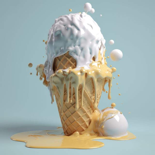 Melting ice cream cone covered with splashes against a pastel blue background. Perfect for food blogs, dessert advertisement, summer promotions, and social media posts showcasing indulgent treats.