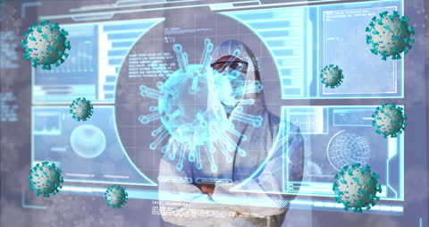 Scientist Analyzing Virus on Digital Futuristic Interface